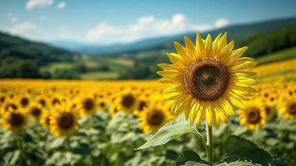 Fototapeta premium A vibrant sunflower field stretching as far as the eye can see under a clear, sunny sky, with the bright yellow blooms all facing the life-giving sun