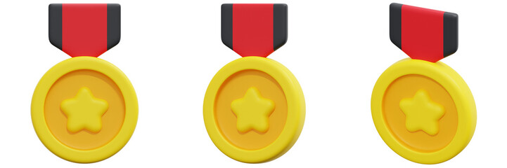 Set of Gold Medals with Red and Black Ribbons and Yellow Star 3d Render Icon Illustration