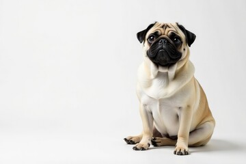 Fototapeta premium Adorable pug dog sits alone against pure white background , playful, pug
