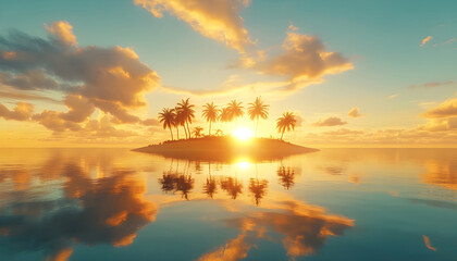 Obraz premium Amazing island panorama, palm trees sea sand reflections. Panoramic landscape, inspire tropical beach horizon. Golden sunset sky rays calm tranquil summer mood. Best vacation travel background banner