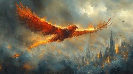 Fiery Phoenix Soaring Above a Desolate City