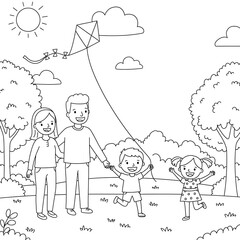 Happy Family Flying Kite in Sunny Park: Children, Parents, Outdoor Fun, Summer, Nature, Kids, Recreation, Coloring Page