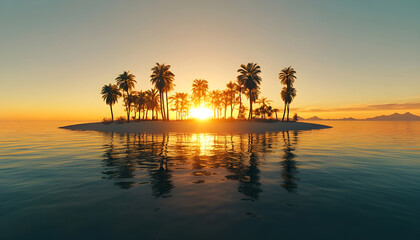 Amazing island panorama, palm trees sea sand reflections. Panoramic landscape, inspire tropical beach horizon. Golden sunset sky rays calm tranquil summer mood. Best vacation travel background banner