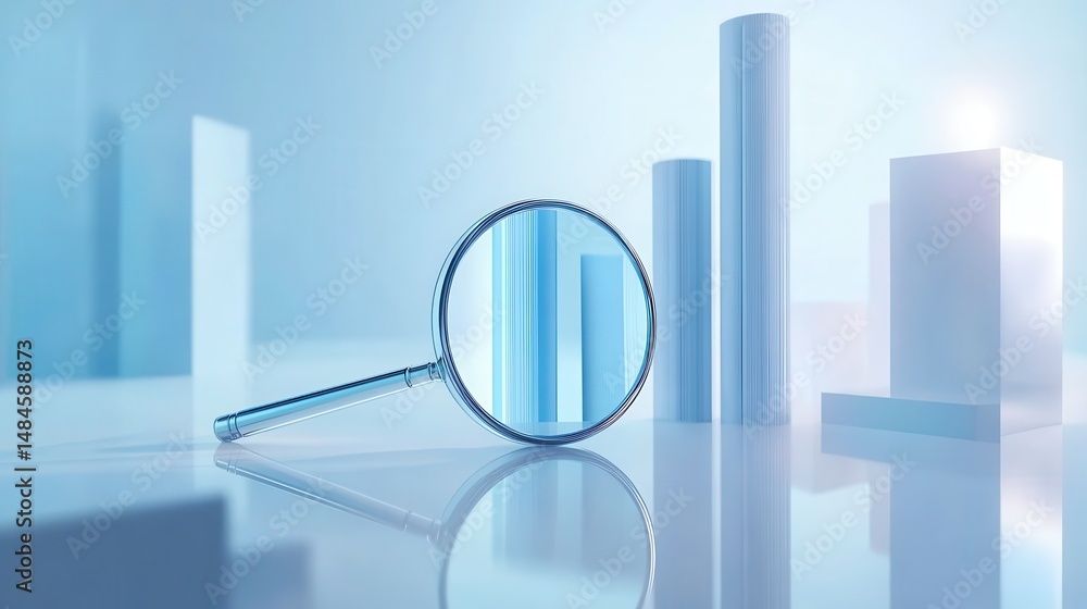 Poster a magnifying glass focusing on a bar graph in a blue and white abstract setting on a reflective surf
