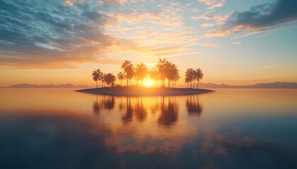 Amazing island panorama, palm trees sea sand reflections. Panoramic landscape, inspire tropical beach horizon. Golden sunset sky rays calm tranquil summer mood. Best vacation travel background banner