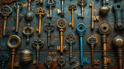 A whimsical collection of antique keys scattered across a dusty wooden table, each with unique and ornate designs hinting at untold stories
