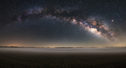 Fototapeta premium Milky Way Arcing Over Foggy Field at Night