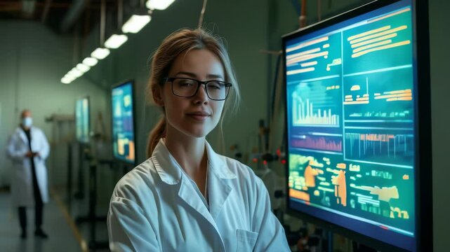 Female scientist in high-tech lab standing by data screens, modern science and innovation footage - Powered by Adobe