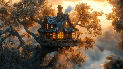 Obraz premium A whimsical treehouse perched high in the branches of an ancient tree, with smoke gently curling from its tiny chimney