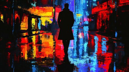 Fototapeta premium Man in a trench coat walking through a rainy cyberpunk street, neon signs reflecting on puddles, realistic style
