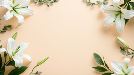 Elegant Floral Frame with White Lilies and Greenery on a Soft Peach Background for Invitations and Greetings