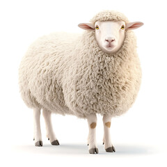 Fototapeta premium Fluffy sheep stands isolated white background, showcasing its soft wool and gentle expression. This adorable animal evokes sense of calm