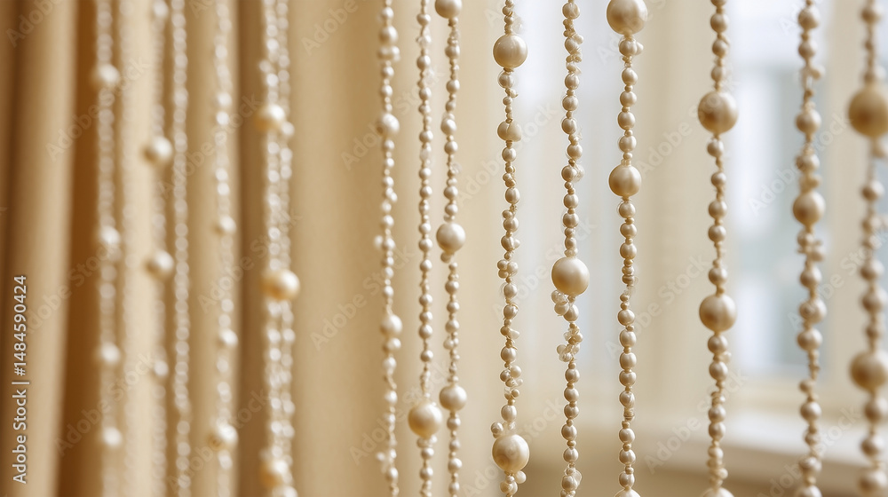 Poster a long white curtain with a string of beads hanging from it