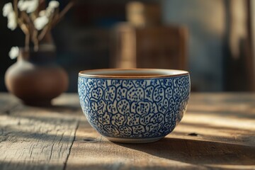 Sunlit blue and white tea bowl on rustic wood