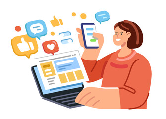 Social media influencer analyzes engagement. Online statistics, analysis, management and administration