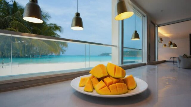 Ripe mango slices sliding onto a white ceramic plate, tropical background, warm indoor lighting, smooth side pan camera motion 