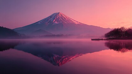 Fototapeta premium Majestic Mount Fuji at sunrise with soft mist, a pink sky, and a reflective lake. 8K ultra HD, sharp details, and cinematic lighting for breathtaking visuals