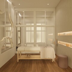 The white spa room features curved, minimalist walls and mirrors that reflect the reflection inside the room, along with a spa bed and sink on a wooden floor.3d render