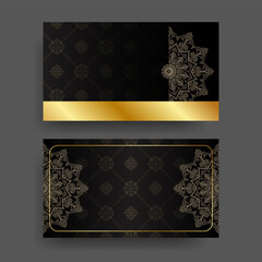 Black card decorated with a mandala pattern and a gold frame. Luxurious.