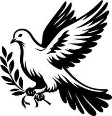 Obraz premium Dove. Symbol of peace. Vector black silhouette of a flying dove with olive branch on a white background. EPS 10 version.