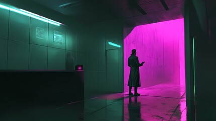 Woman in a futuristic trench coat interrogating a suspect in a neonlit room, cyberpunk vibe, realistic style