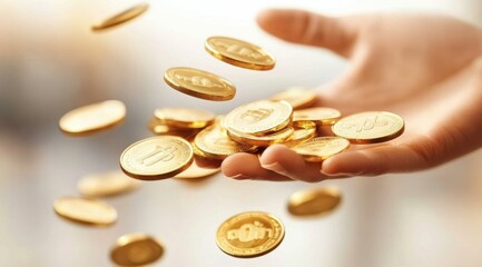 Golden coins fall against a white background, symbolizing the movement of wealth and business profit, ideal for financial and wealth concepts. Gold coins have no logo or any pattern on them.