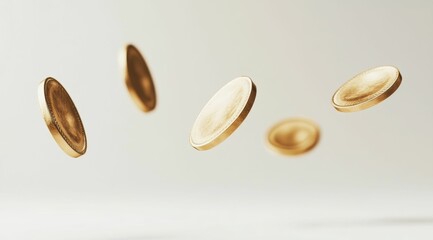 Golden coins fall against a white background, symbolizing the movement of wealth and business profit, ideal for financial and wealth concepts. Gold coins have no logo or any pattern on them.