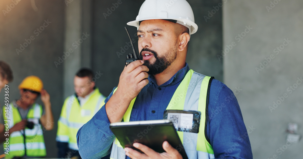 Aufkleber Building, radio and tablet with developer man on site for civil engineering or development. App, blueprint and communication with construction worker person on worksite for project management