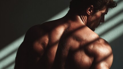 Intense gym workout for males hardcore fitness training cardio exercise shots in shadowy environment focus on muscular backs
