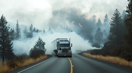 A large gray semi-truck carrying a load of hay bales drives along a winding road, surrounded by tall green pine trees.