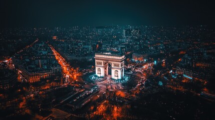 Night view of Parisian city lights surrounding an archway monument.