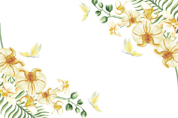 Frame from orchid flowers with leaves watercolor isolated illustration. Postcard template from exotic tropical blooming plant. Hand drawn phalaenopsis in realistic style. Floral border with copy space