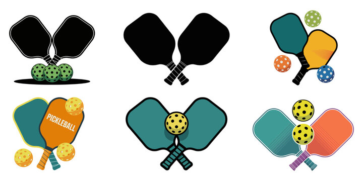 Pickleball Logo With Crossed Racket and Ball Above Them, PICKLEBALL RACKET AND BALL, Pickleball paddle with ball flat vector icon for sports apps and websites, Pickle ball Racket and Balls, Pickleball