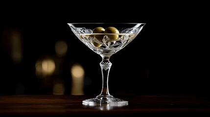 A close-up of a martini glass filled with clear liquid, featuring three green olives garnished with a toothpick.