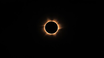 A dramatic solar eclipse is depicted, with a solid black silhouette of the moon perfectly aligned in front of the sun.