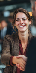The businesswoman reached a cooperation with the client and had a friendly handshake with a smile. Salesperson, B2B,B2C,C2B, business, finance, background, poster, wallpaper, base image, professional