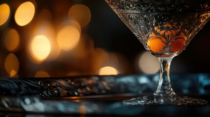 A close-up of a martini glass filled with a dark cocktail, garnished with a curled orange peel.