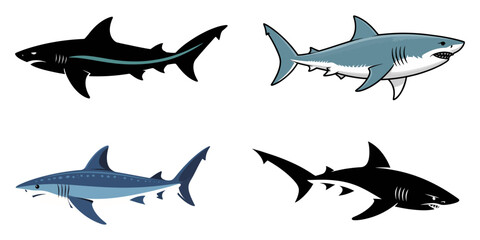 Fototapeta premium sharks isolated on white background, modern and simple shark silhouette, a negatively spaced shark in black color icon vector temple, export wild shark, funny shark silhouette vector illustration.