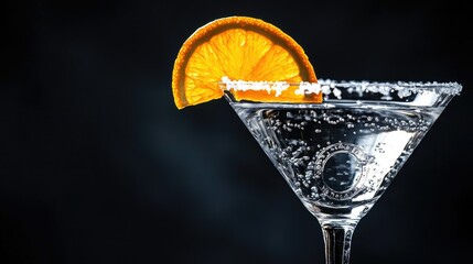 A dark, elegant martini glass filled with a rich, dark beverage, highlighted by a twist of orange peel perched on the rim.