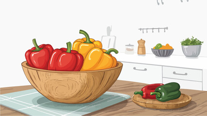 Capsicum in wooden bowl in kitchen illustration vector design, Capsicum vector design