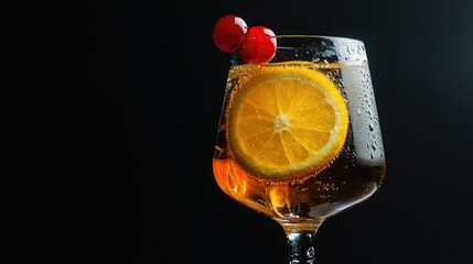 A glass filled with a vibrant red beverage, featuring ice cubes and garnished with an orange slice and a maraschino cherry.