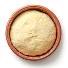 Freshly kneaded bread dough in a rustic terracotta bowl ready for baking or fermentation process for homemade bread or artisan bakery production
