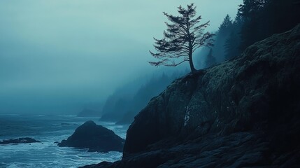 A serene coastal landscape featuring rugged rock formations emerging from the ocean, surrounded by gentle waves.