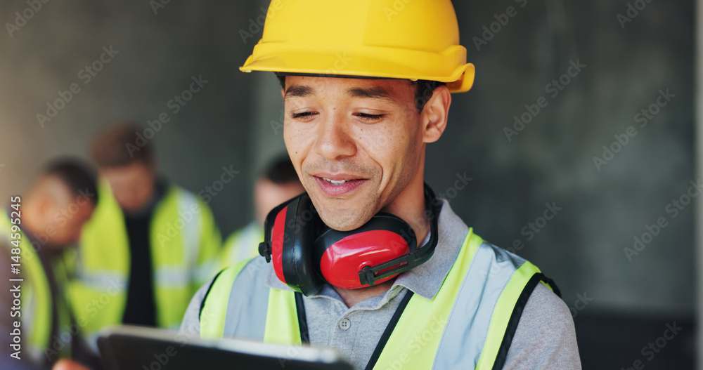 Aufkleber building, hardhat and tablet with construction worker man on site for civil engineering or developme