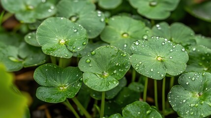 Close-up of Dew-Covered Water Shield Leaves
