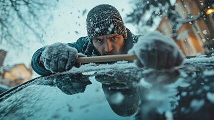 A man is clearing snow from the windshield of a car in a winter setting.