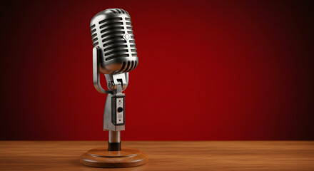 A classic silver vintage microphone sits on a wooden stand, chilling on a smooth wooden surface. The mic's got a shiny metal grille and a skinny stand