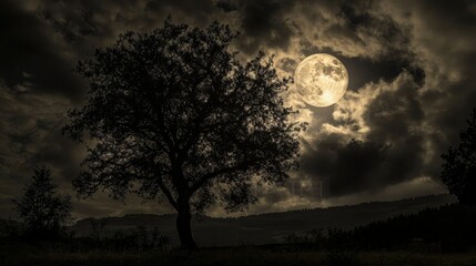 A large, bright full moon dominates the sky against a backdrop of dark, swirling clouds.