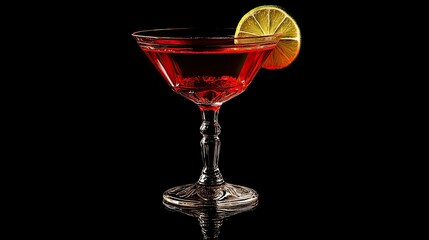 A short cocktail glass filled with vibrant red liquid and ice cubes, garnished with a lime wedge.