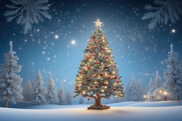 Fototapeta premium Winter Holiday Background with Blue Pine Branches and Festive Lights